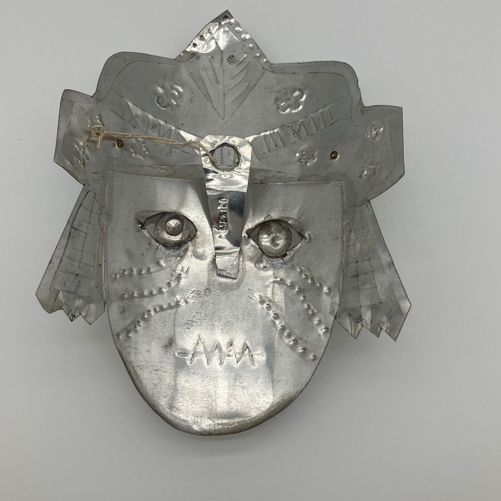 Vintage Mexican Folk Art Metal Mask Hojalata 8x6 Silver Warrior Hand Punched - Picture 4 of 12